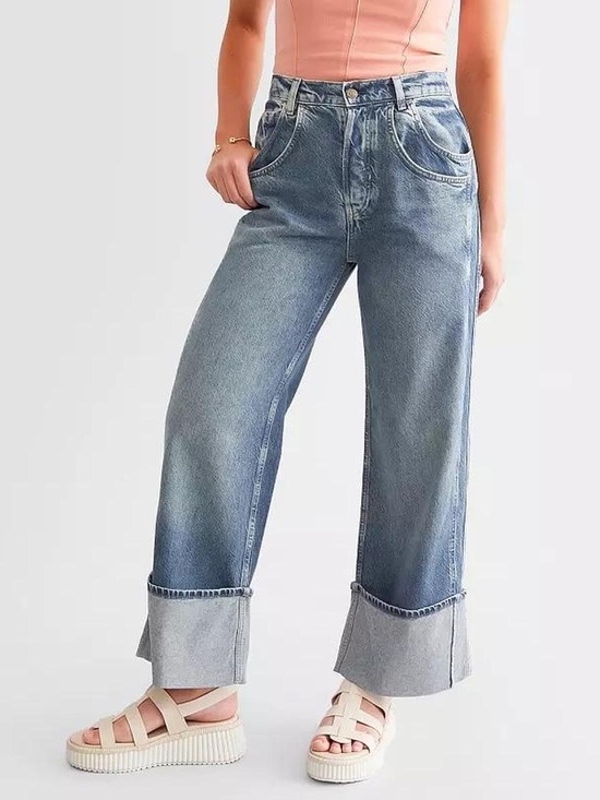 Free People Denim - Free People Light Blue Wide-Leg Cuffed Jeans